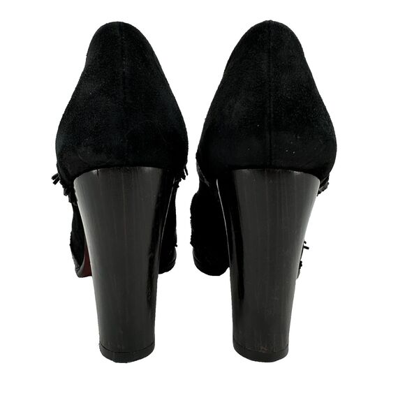 Chie Mihara 37 Black Suede Ankle Booties Fringe Peep Toe 3.5in Block Heel Boho - Picture 5 of 11